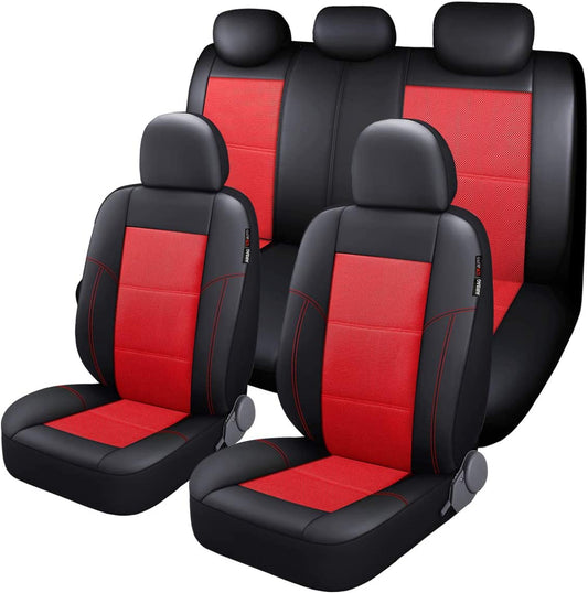 Leather and Mesh Car Seat Cover Full Set in 9Pcs Universal Fit for Cars Trucks Vans & Suvs Airbag Compatible (Red)