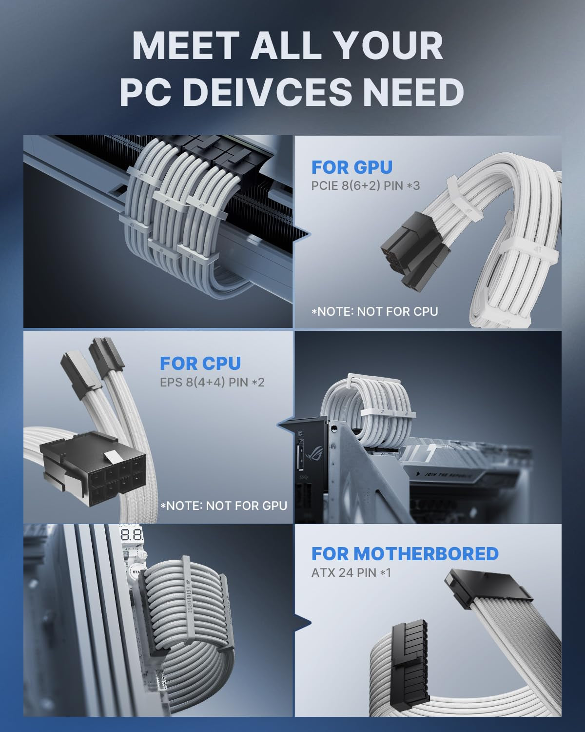 16AWG Pro Power Supply Sleeved Cable, White Power Supply Extension Cable Dual EPS Kit, 1X24-Pin/ 2X8-Port (4+4) M/B,3X8-Port (6+2) PCI-E, 30Cm Length with 2 Set of Combs