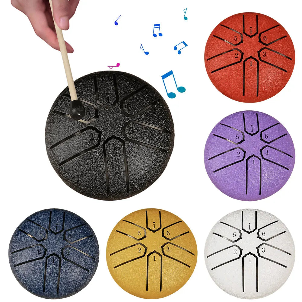 3 Inches 6 Tones Steel Tongue Drum Outdoors Rain Drum Instrument Mini Hand Drum Ethereal Drum Sticks Percussion Drum Accessories