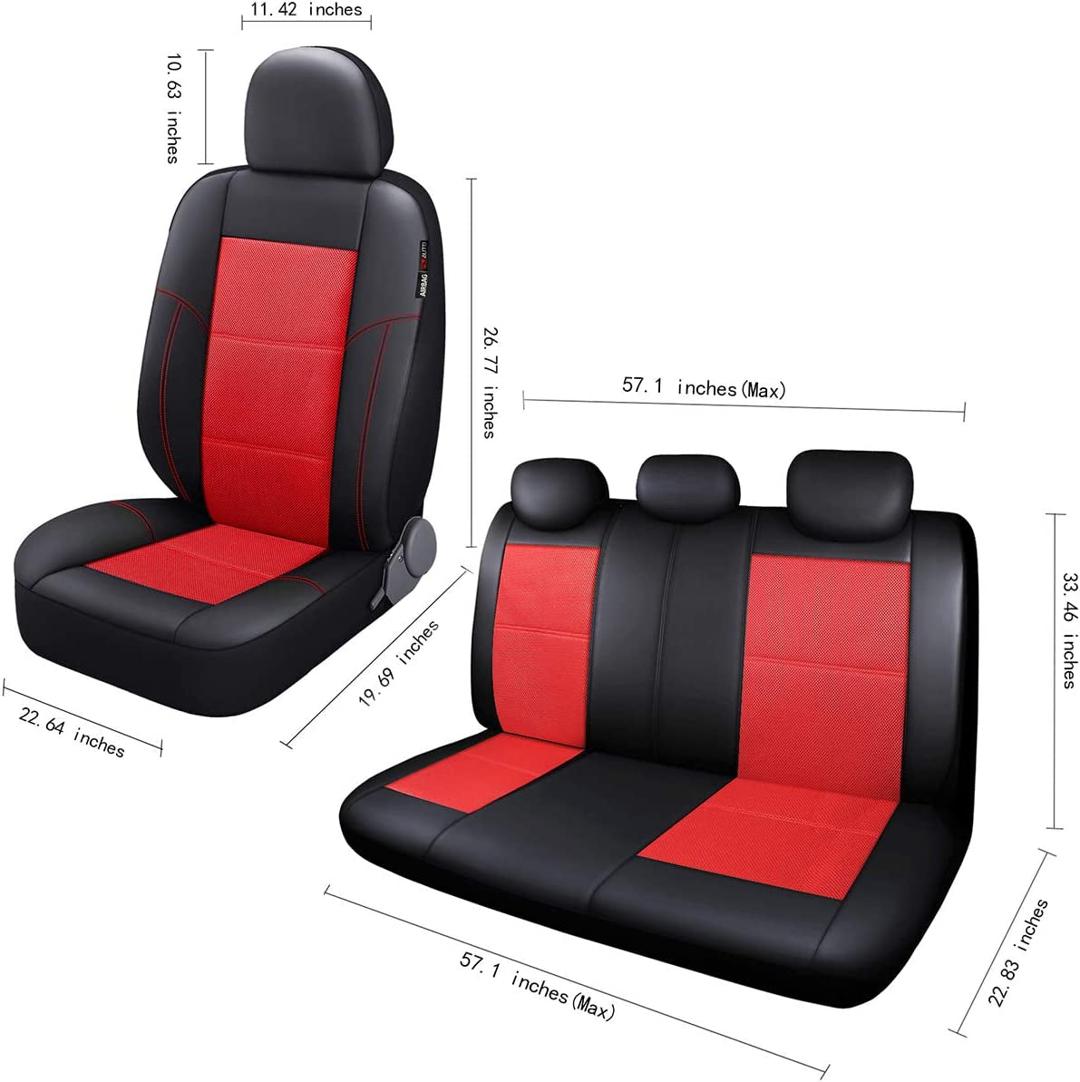 Leather and Mesh Car Seat Cover Full Set in 9Pcs Universal Fit for Cars Trucks Vans & Suvs Airbag Compatible (Red)