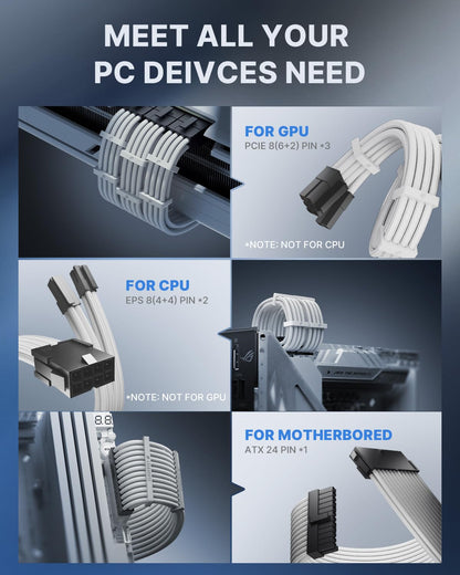 16AWG Pro Power Supply Sleeved Cable, White Power Supply Extension Cable Dual EPS Kit, 1X24-Pin/ 2X8-Port (4+4) M/B,3X8-Port (6+2) PCI-E, 30Cm Length with 2 Set of Combs