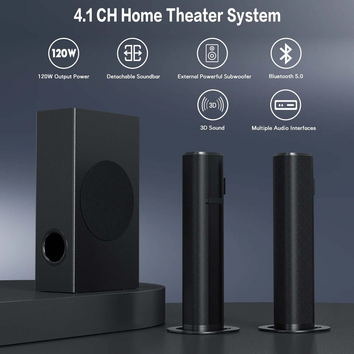 4.1Ch Soundbar with Subwoofer, 120W Separable Sound Bar for TV with 4 Drivers, Usb/Aux/Coaxial/Optical/Hdmi/Bluetooth Connect