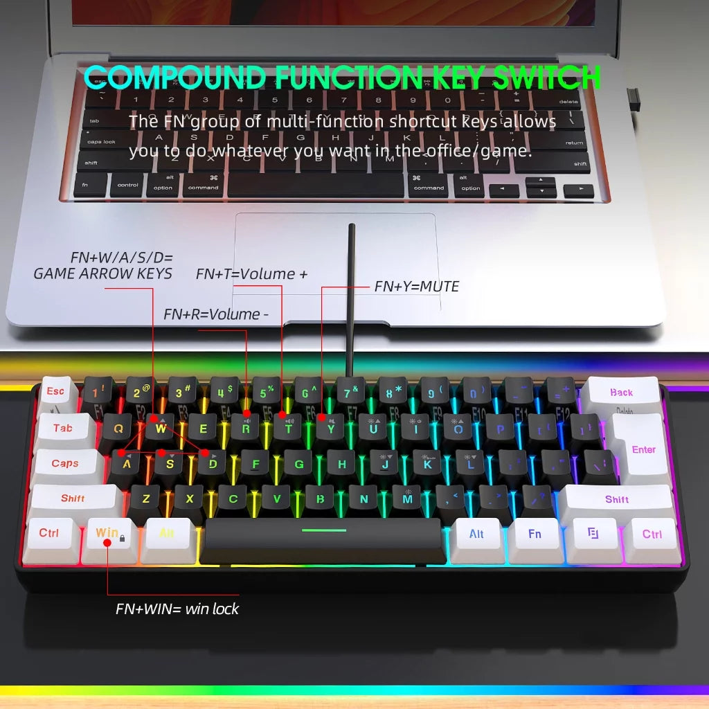 Gaming Keyboard, Quiet Wired Computer Keyboard USB Wired 61-Key Gaming Keypad Ergonomic Streamlined Design Keyboard