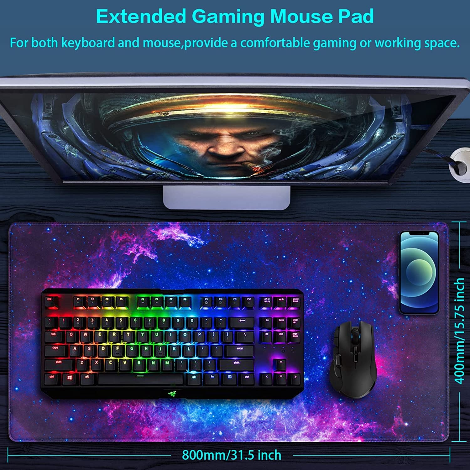 Gaming Mouse Pad, Large Mouse Pad for Desk, 31.5X15.7Inch Mouse Pad for Home Office Gaming Work-Blue Galaxy