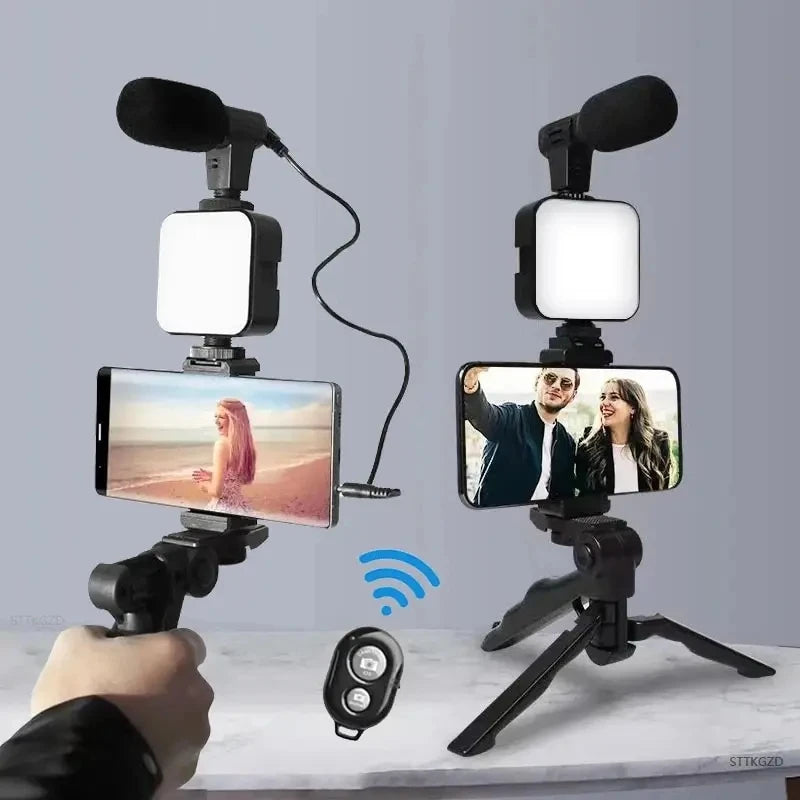 Smartphone Vlogging Kit with Tripod Phone Holder Mini Microphone LED Fill Light Starter for Tiktok Live Stream Video Youtube