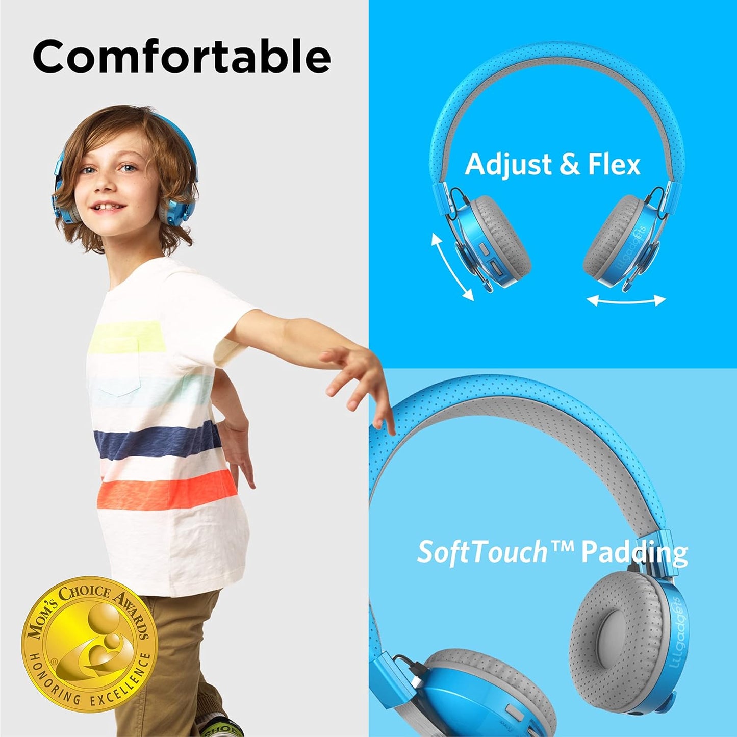 Untangled Pro Wireless Bluetooth Headphones for Toddlers & Children Ages 4+, Shareport, Microphone, Volume Limiting, Noise Cancelling, Lightweight Head Phones Made to Fit Kids Ears – Blue