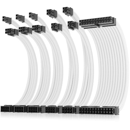 16AWG Pro Power Supply Sleeved Cable, White Power Supply Extension Cable Dual EPS Kit, 1X24-Pin/ 2X8-Port (4+4) M/B,3X8-Port (6+2) PCI-E, 30Cm Length with 2 Set of Combs