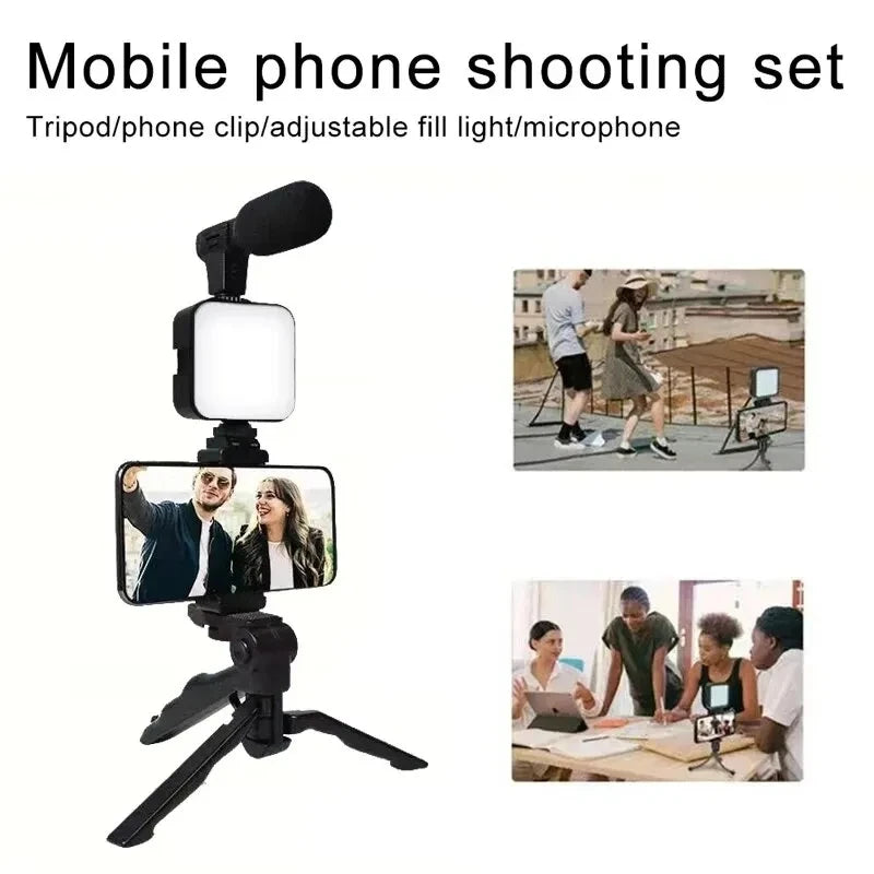 Smartphone Vlogging Kit with Tripod Phone Holder Mini Microphone LED Fill Light Starter for Tiktok Live Stream Video Youtube