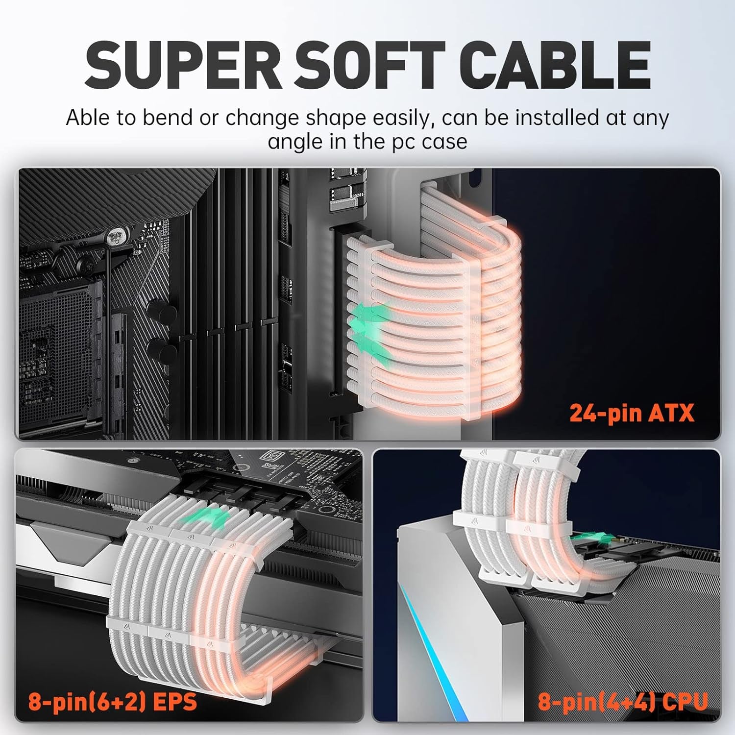 16AWG Pro Power Supply Sleeved Cable, White Power Supply Extension Cable Dual EPS Kit, 1X24-Pin/ 2X8-Port (4+4) M/B,3X8-Port (6+2) PCI-E, 30Cm Length with 2 Set of Combs