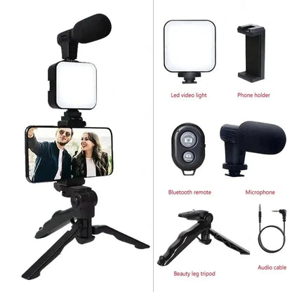 Smartphone Vlogging Kit with Tripod Phone Holder Mini Microphone LED Fill Light Starter for Tiktok Live Stream Video Youtube