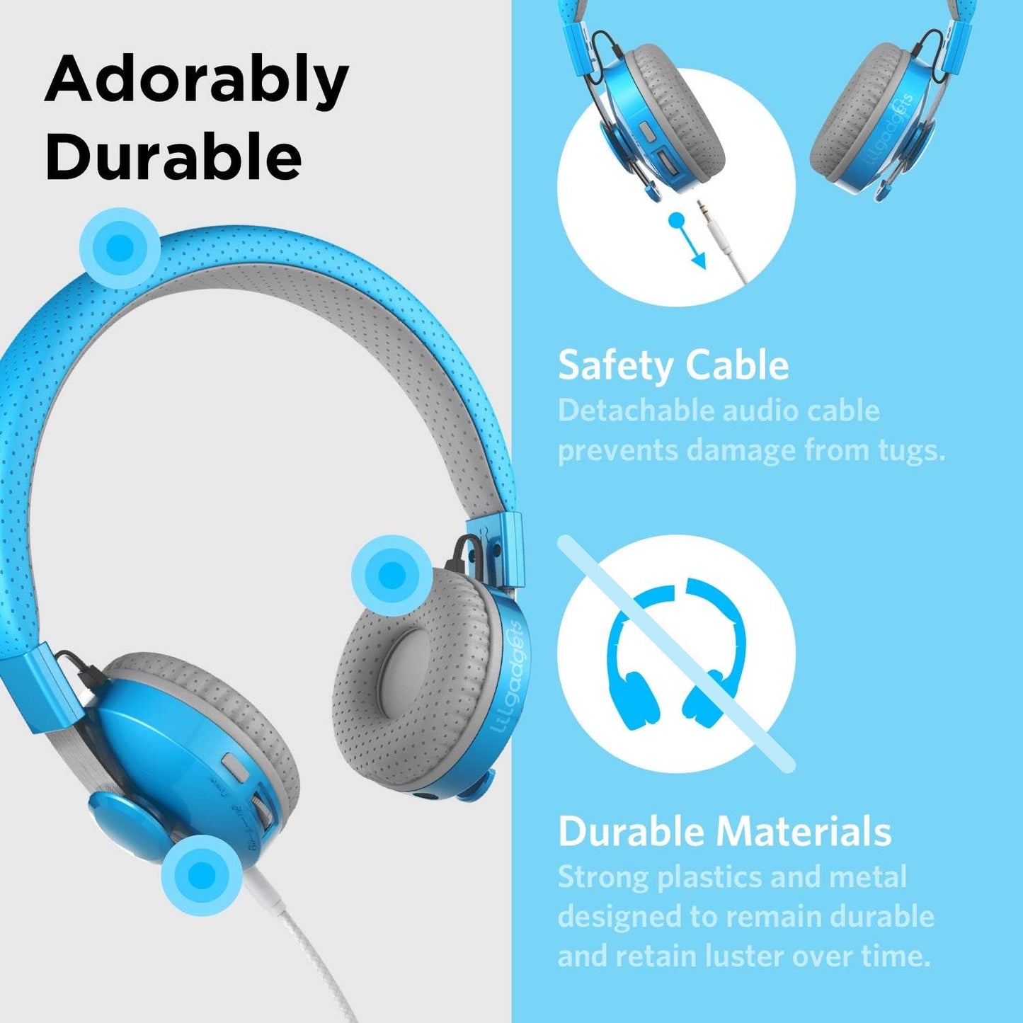 Untangled Pro Wireless Bluetooth Headphones for Toddlers & Children Ages 4+, Shareport, Microphone, Volume Limiting, Noise Cancelling, Lightweight Head Phones Made to Fit Kids Ears – Blue